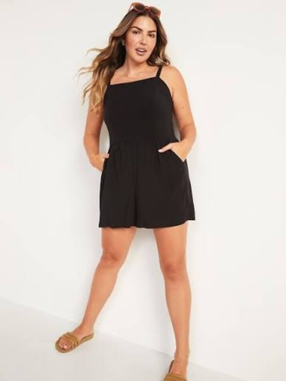 Old Navy Black Soft-Woven Cami Romper Square Neck Black